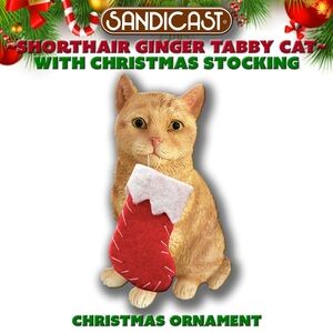 Sandicast Ginger Tabby American Shorthair Cat w/Stocking Christmas Tree Ornament